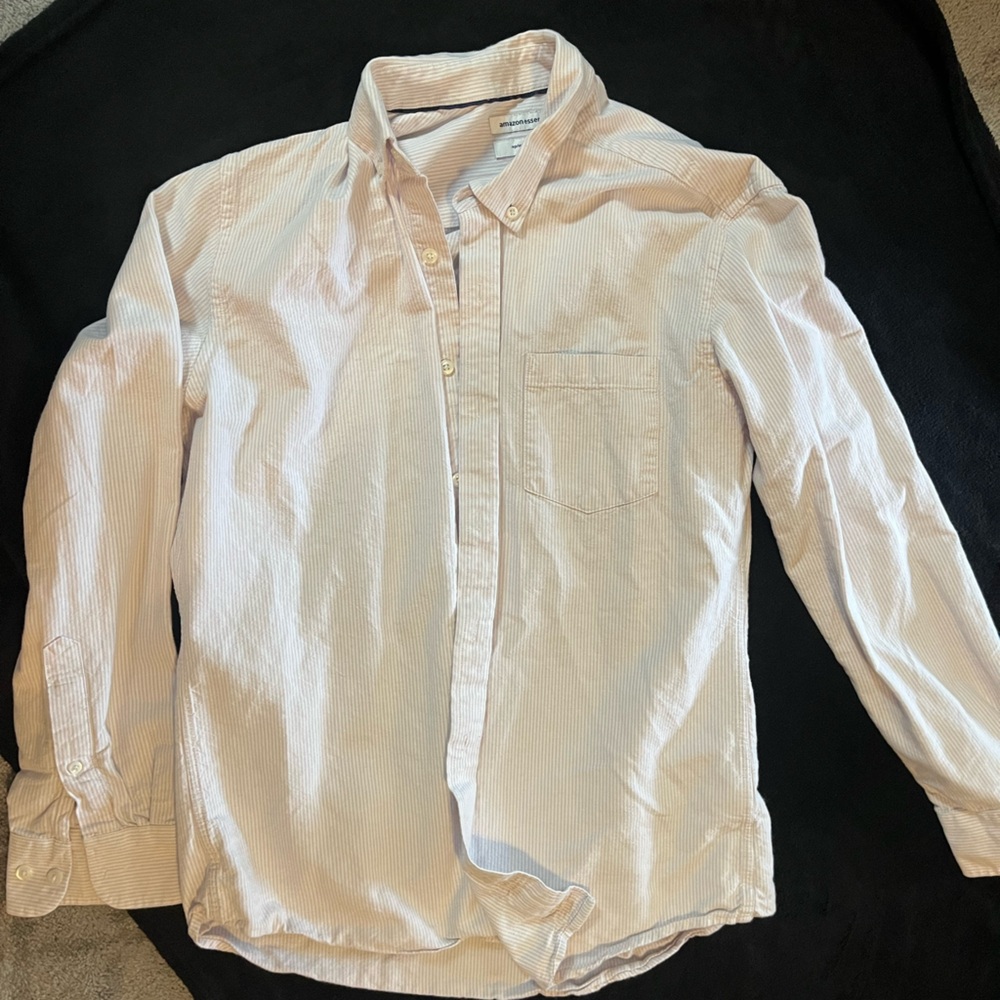 Amazon Essentials button down shirt. White with lavender stripes.